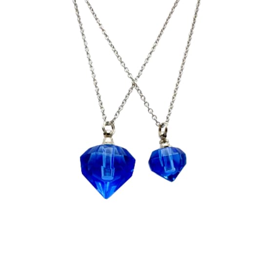 Mother & Daughter Set of TWO Blue Crystal Diamond Mourning Stone CREMATION URNS on 24" Curb Chain Necklaces with Velvet Pouches and Fill Kit