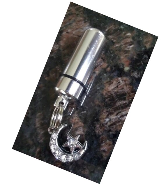 Silver Cremation Urn Keychain Keepsake with Jeweled Crescent Moon & Star - Mourning Jewelry, Child Urn, Pet Urn, Baby Urn, Personalized Urn