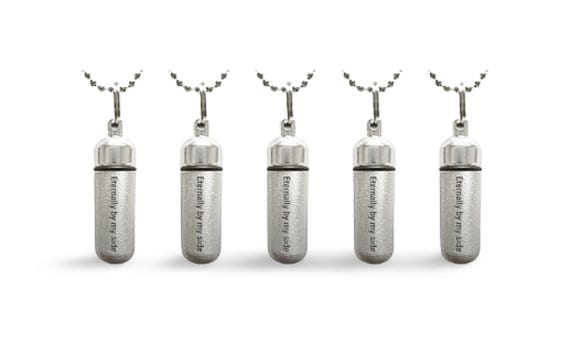 FIVE Memorial Cremation Urn Necklaces, Silver, Engraved 'Eternally by my side'