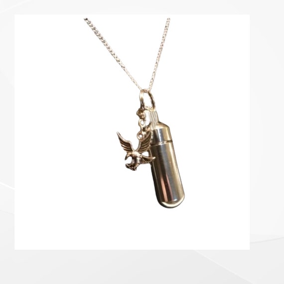 Silver Cremation Urn on 24" Curb Chain Necklace with AMERICAN EAGLE - Loss of Loved One, Urn for Father, Military Urn,