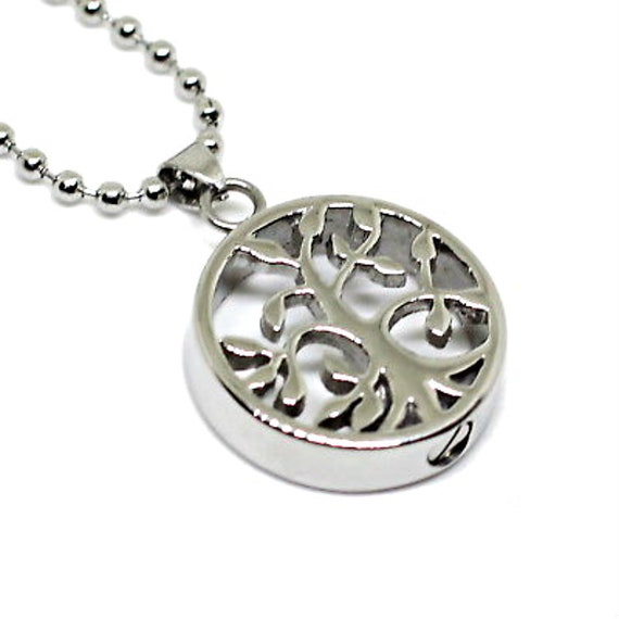 Beautiful Stainless Steel "Hollow Tree Of Life" Cremation Urn on 24" Ball-Chain Necklace - with Velvet Pouch and Fill Kit