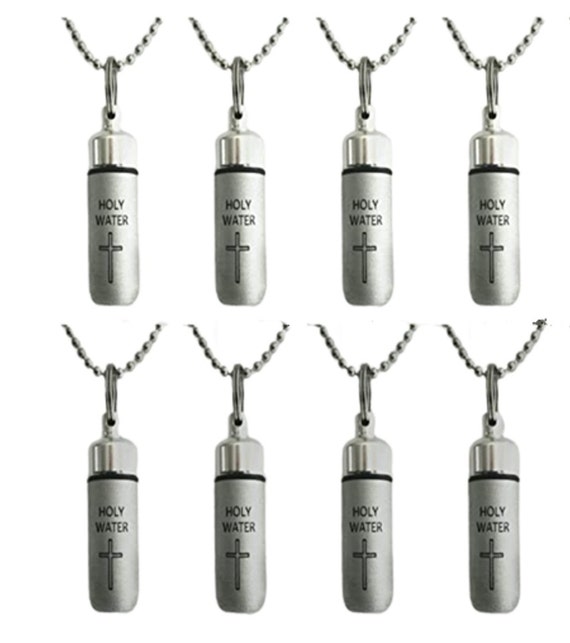 Set Of 8 Brushed Silver ENGRAVED HOLY WATER Bottle/Holder/Urn Necklaces/Keychain, With 8 Pouches,  Ball Chains, &  Fill Kit