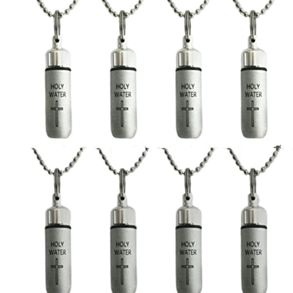 Set Of 8 Brushed Silver ENGRAVED HOLY WATER Bottle/Holder/Urn Necklaces/Keychain, With 8 Pouches,  Ball Chains, &  Fill Kit