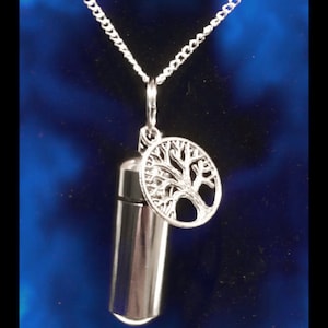 Silver Cremation Urn & Vial on 24&quot; Curb Chain Necklace with TREE OF LIFE - Mourning Keepsake, Ashes Necklace, Urn Jewelry, Personalized Urn