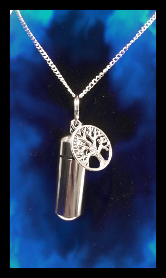 Silver Cremation Urn & Vial on 24" Curb Chain Necklace with TREE OF LIFE - Mourning Keepsake, Ashes Necklace, Urn Jewelry, Personalized Urn