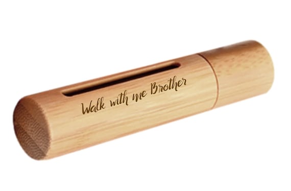 New ENGRAVED "Walk with me Brother" Sandalwood Cremation Urn / Scattering Tube with Window - Fits Pocket or Purse, TSA Compliant