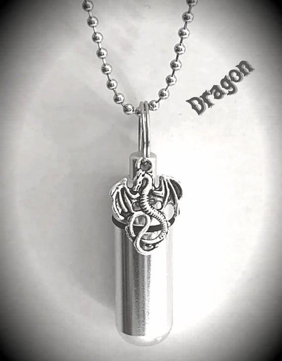Silver DRAGON CREMATION URN Necklace on 24" Steel Ballchain. Memorial Keepsake, Can be Personalized. Loss of Father, Loss of Son, Great Gift
