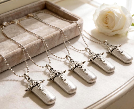 Set of 5 Brushed Silver Rose Cross CREMATION URN Necklaces w/Laser ENGRAVED Hearts!