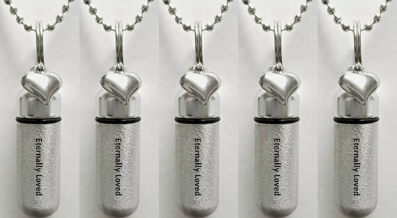 Set of 5 ENGRAVED Brushed Silver CREMATION URN Necklaces "Eternally Loved" with Heart charm - Includes Velvet Pouches & Fill-Kit