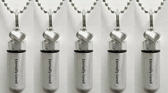 Set of 5 ENGRAVED Brushed Silver CREMATION URN Necklaces "Eternally Loved" with Heart charm - Includes Velvet Pouches & Fill-Kit