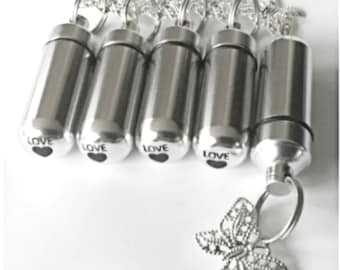 Set of FIVE Silver Lace Butterfly CREMATION URN Necklaces with Laser Engraved Hearts!  Memorial Jewelry, Urn for Human Ashes, Child Urn
