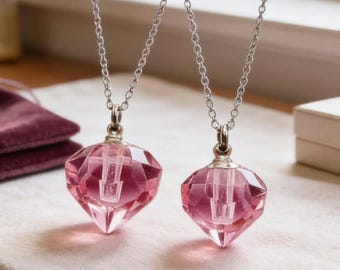 Mother & Daughter Set of TWO Pink Crystal Diamond Mourning Stone CREMATION URNS on 24" Curb Chain Necklaces W/Pouches and Fill Kit