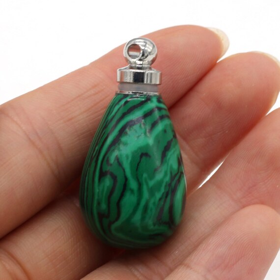 Beautiful Natural Malachite Crystal Gemstone CREMATION URN with 24" Steel Curb Chain Necklace - Includes Velvet Pouch & Fill Kit