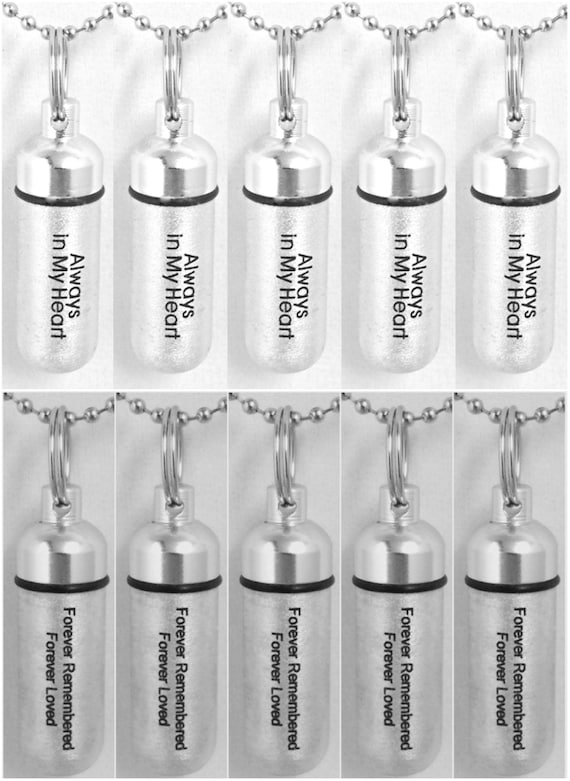 Set of 10 ENGRAVED Brushed Silver Cremation Urn Necklaces - FIVE "Forever Remembered, Forever Loved" & FIVE "Always In My Heart" w/Pouches