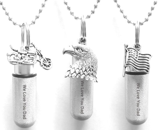 Three Engraved CREMATION URN NECKLACES "We Love You Dad" Brushed Silver with Motorcycle, Bald Eagle, & Flag - w/Velvet Pouches and Fill Kit