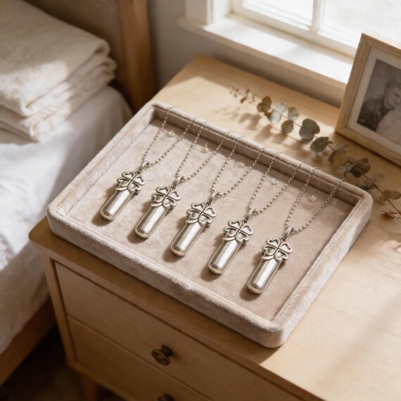 Set of FIVE 4-Leaf Clover Cremation Urn Keepsake Necklaces - Ashes Urn, Memorial Keepsakes, Personalized Urn