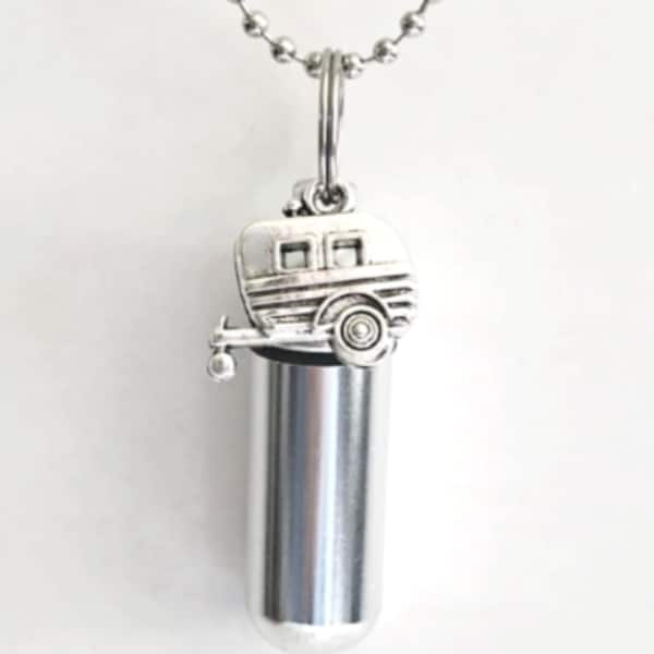 Adorable Silver Camper/RV/Trailer Cremation Urn Necklace with 24" Ball-Chain, Velvet Pouch & Fill Kit - Memorial Keepsake, Ashes Jewelry