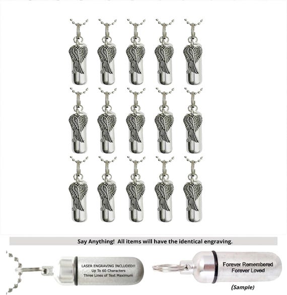 Set of 15 Angel Wings Cremation Necklaces, Memorial Jewelry, TSA Compliant