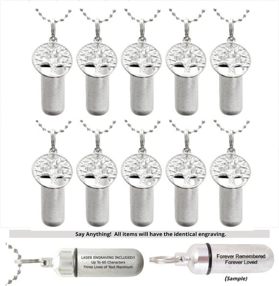 Ten Brushed Silver Tree-Of-Life CREMATION URN Necklaces, Personalized, Mourning Jewelry, Loss of Loved One