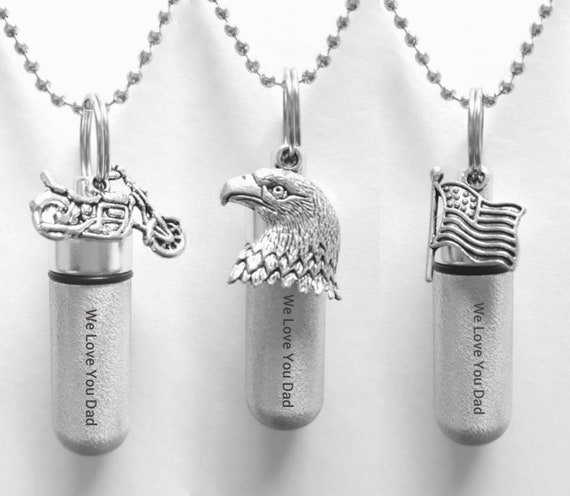 Three Engraved CREMATION URN NECKLACES "We Love You Dad" Brushed Silver with Motorcycle, Bald Eagle, & Flag - w/Velvet Pouches and Fill Kit