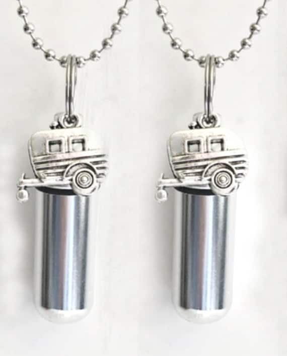 Set Of TWO Silver Camper/RV/Trailer Cremation Urn Necklaces with 24" Ball-Chains, Velvet Pouches and Fill Kit