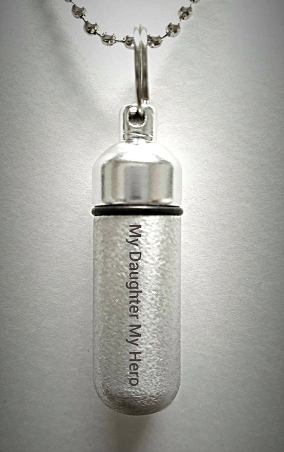 Engraved  "My Daughter My Hero"  Brushed Silver CREMATION URN Necklace -  Hand Crafted - with Velvet Pouch and Fill Kit