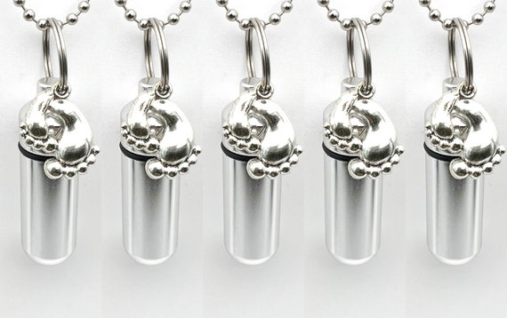 Set of FIVE Cremation Urn Necklaces with Silver Baby Feet - Mourning Jewelry, Child Loss, Baby Loss. Urn For Ashes, Urn Keepsake, Memorial