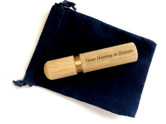 Engraved "Gone Hunting in Heaven" Natural Sandalwood Cremation Urn / Scattering Tube, Fits in Pocket/Purse, Very secure,  TSA Compliant