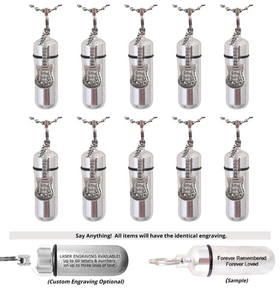 Set of TEN Silver CREMATION URN Keepsakes w/Electric Guitars - Ashes Necklace, Memorial Keepsake, Mourning Jewelry, Engraving Available