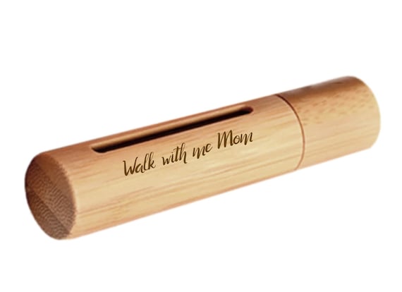 New ENGRAVED "Walk with me Mom" Sandalwood Cremation Urn / Scattering Tube with Window - Fits Pocket or Purse, TSA Compliant