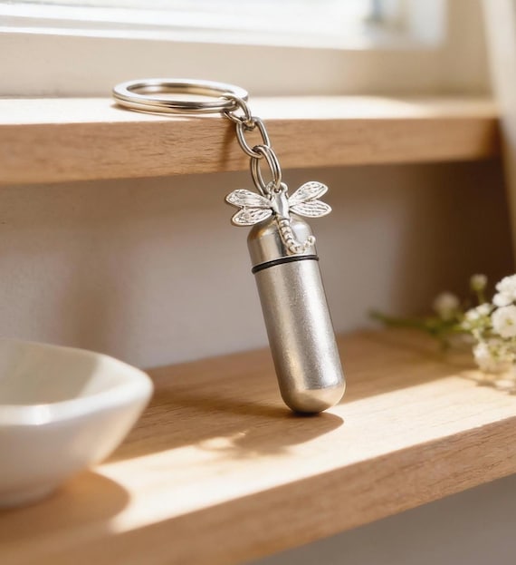 Brushed Silver Cremation Urn with DRAGONFLY on Stainless Steel Swivel Key Ring - Memoriall Keepsake
