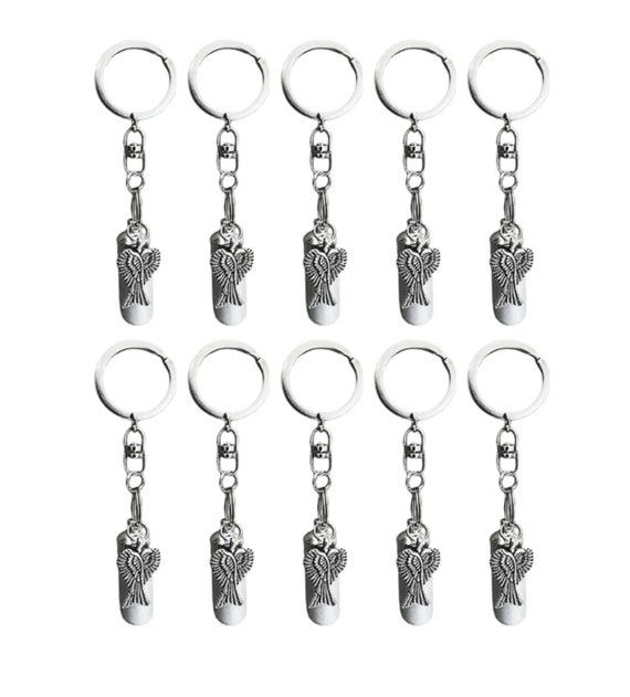 Set of TEN Brushed Silver Cremation Urn on Swivel Keychains with Angel Wings - Mourning Keepsake, Child Urn, Pet Urn, Personalized Urn