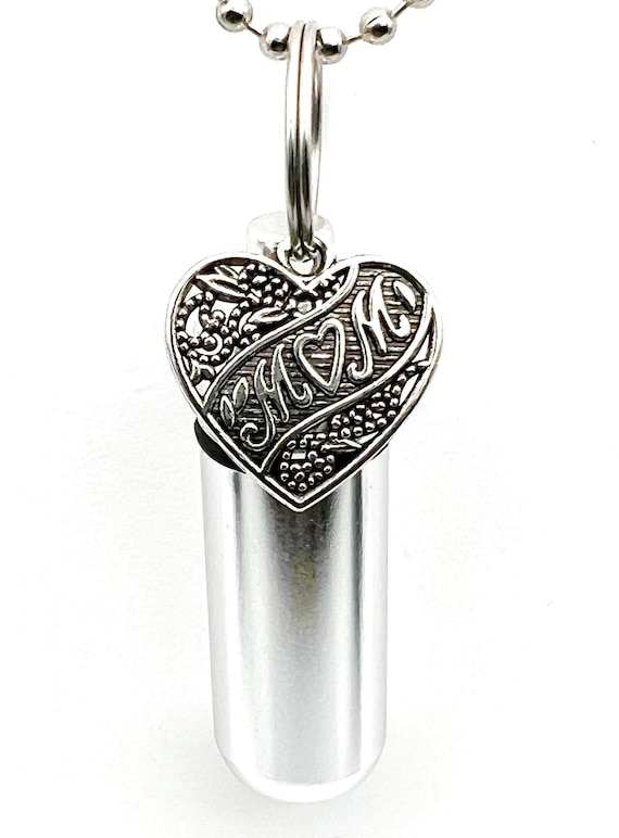 MOM LOVE HEART Cremation Urn on 24" Ball Chain Necklace, Includes Velvet Pouch & Fill Kit