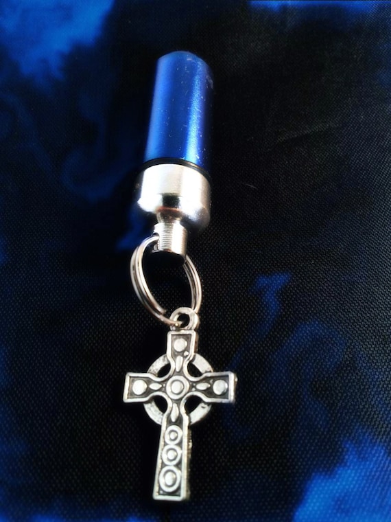 Blue/Silver Two-Tone CREMATION URN Necklace with Universal Celtic Cross - Mourning Keepsake, Ashes Jewelry, Child Urn, Personalized Urn