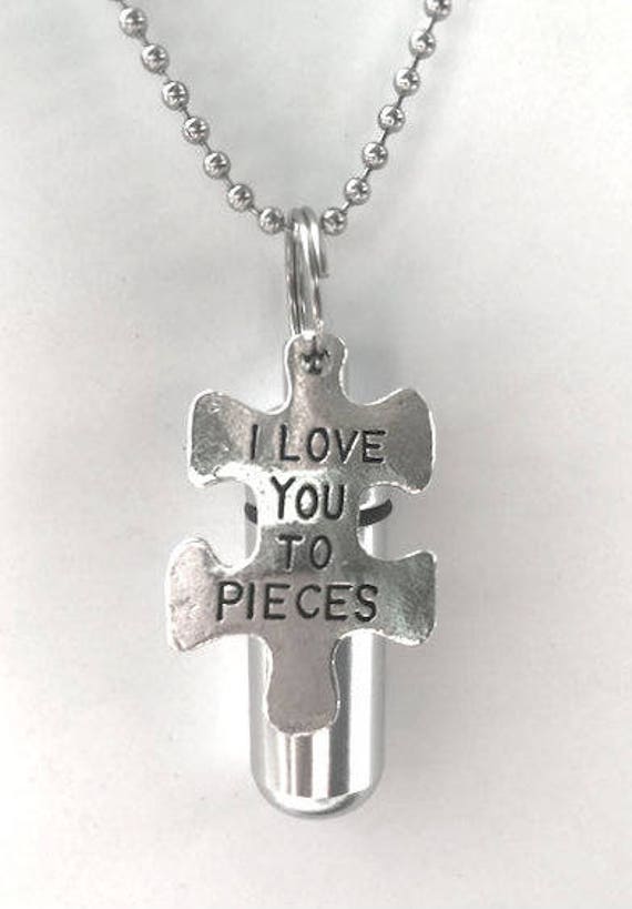 Personal Cremation Urn with "I Love You To Pieces" Engraved Pendant - Includes Velvet Pouch, 24" Steel Ball Chain Necklace and Fill Kit