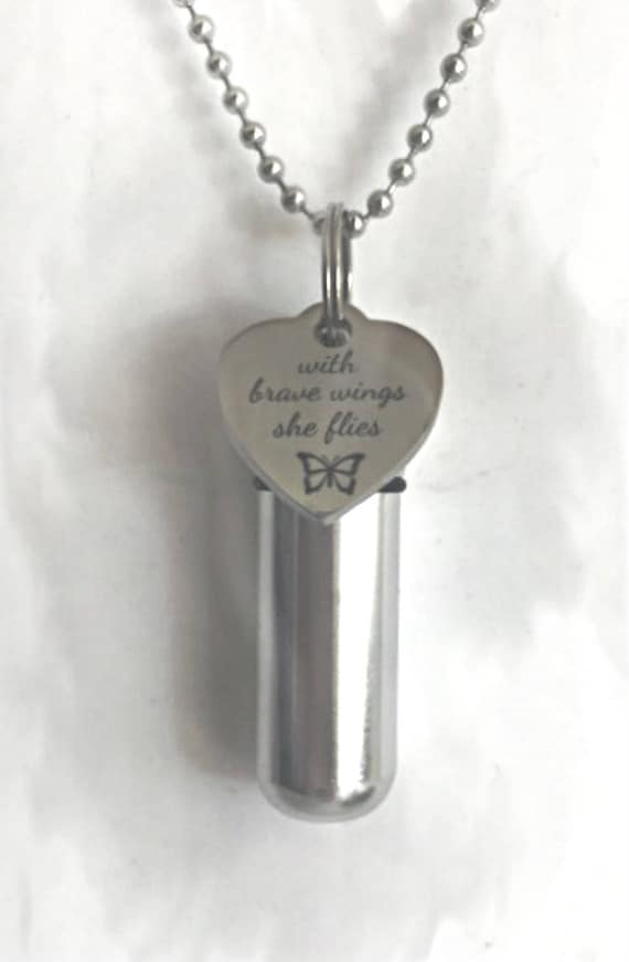 Engraved  "With brave wings she flies" (with butterfly)  - Cremation Urn Necklace -  Hand Crafted - with Velvet Pouch and Fill Kit