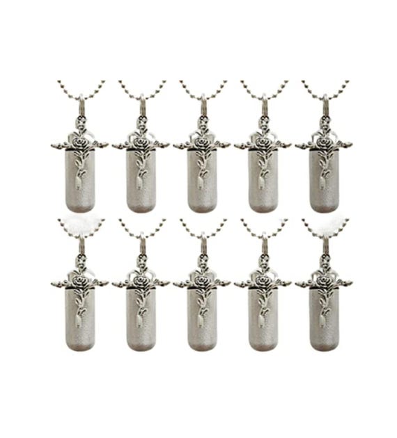 TEN Brushed Silver CREMATION URN Necklace Keepsakes w/Rose Cross & Laser Engraved Hearts - Memorial Jewelry, Personalized Urn
