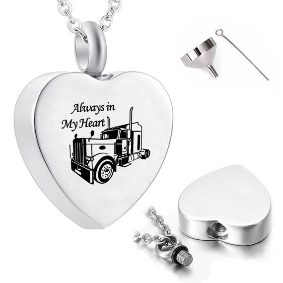 Stainless Steel Heart Cremation Urn with SEMI-TRUCK "Always In My Heart" On 24" Curb Chain Necklace - Memorial Keepsake, Ashes Jewelry