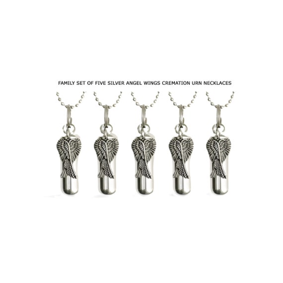 ENGRAVING INCLUDED!  Set of FIVE Silver Cremation Urn Necklaces with Large Angel Wings - Memorial Jewelry, Ashes Keepsake, Sympathy Gift