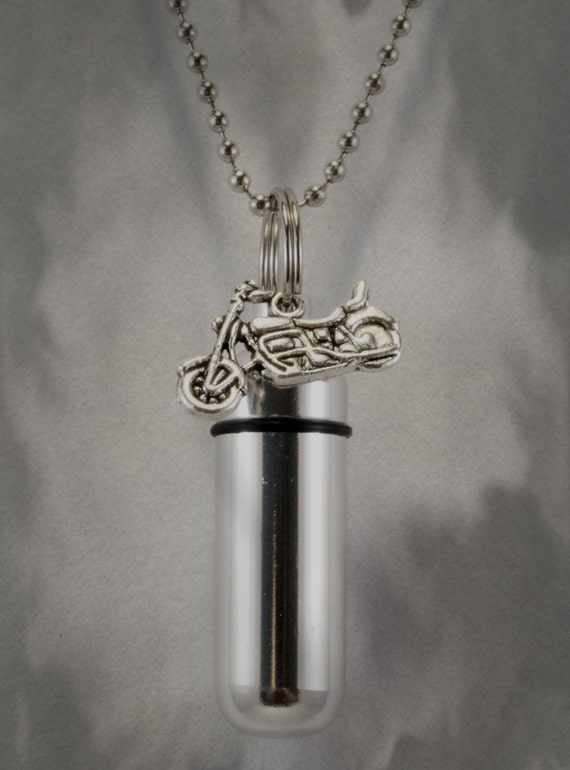 Polished Silver Motorcycle  CREMATION URN Necklace on 24" Ball Chain - Includes Velvet Pouch and Fill Kit