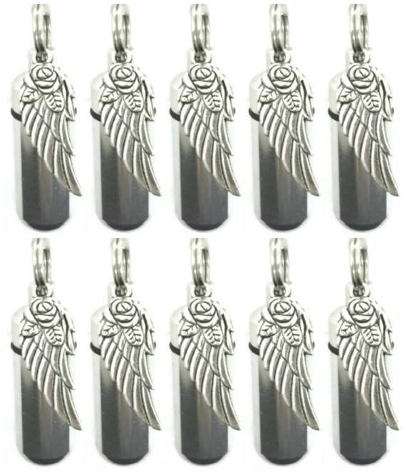 Set of TEN Silver CREMATION URN Necklaces with Silver Angel Wing with Rose - Ashes Necklace, Memorial Keepsake, Mourning Jewelry, Pet Ashes