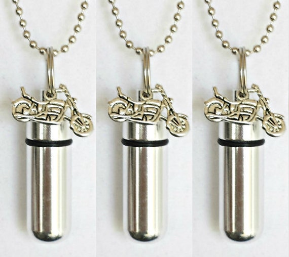 Set of Three Silver MOTORCYCLE CREMATION URN Necklaces with Laser Engraved American Flags - Urn Jewelry, Ashes Necklace, Memorial Keepsake