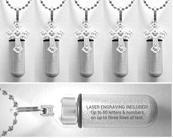 CUSTOM ENGRAVED Set of FIVE Brushed Silver Filigree Cross Cremation Urn Necklace Keepsakes with 5 Velvet Pouches, 5 Ball-Chains & Fill Kit
