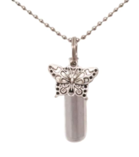 Butterfly Cremation Urn on 24" Ball Chain Necklace with Engraved Heart - Memorial Jewelry, Keepsake Urn,  Child Loss, Personalized Urn