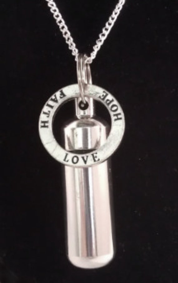 Silver Cremation Urn on 24" Curb Chain Necklace "FAITH-LOVE-HOPE" - Keepsake Urn, Memorial Jewelry, Child Urn, Pet Urn, Mourning Jewelry