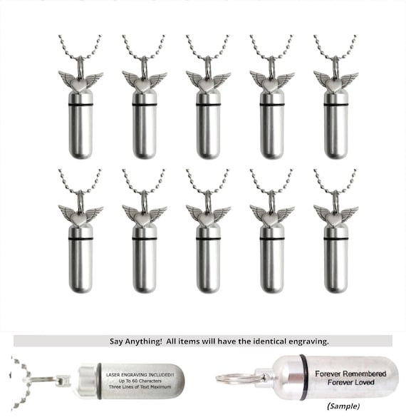 Set of TEN Silver CREMATION URN Necklaces with Winged Hearts - Memorial Jewelry, Urn Pendant, Urn For Human Ashes, Pet Ashes, Personalized
