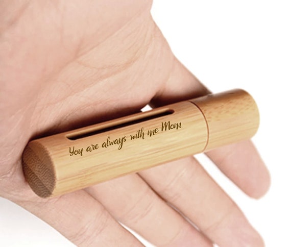 New ENGRAVED "You are always with me Mom" Sandalwood Cremation Urn / Scattering Tube with Window - Fits Pocket or Purse, TSA Compliant