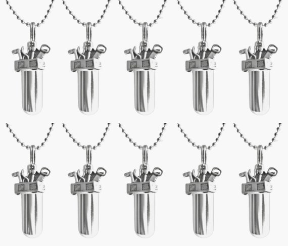 Set of Ten CREMATION TOOLBOX Urn Necklaces for Contractor/Mechanic/Handyman (as shown).  Memorial Jewelry,  Loss of Loved One, Personalized