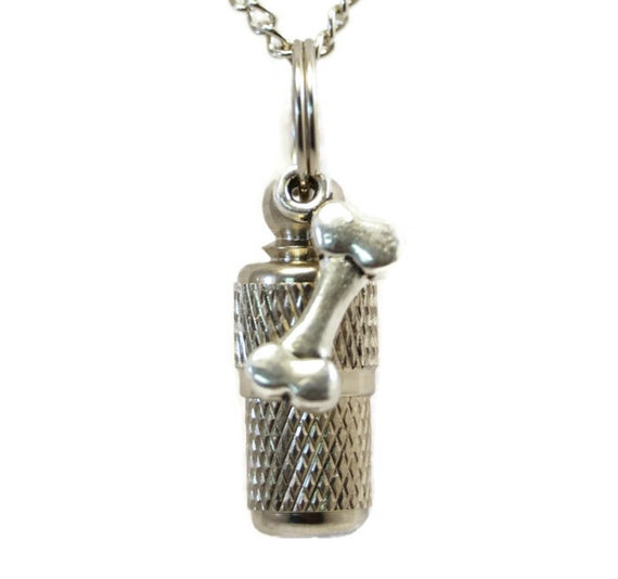 Lovely Miniature Pet Cremation Urn on 24" Curb-Chain Necklace with DOG BONE - Pet Urn, Dog Urn, Pet Loss, Keepsake Urn, Cremation Jewelry