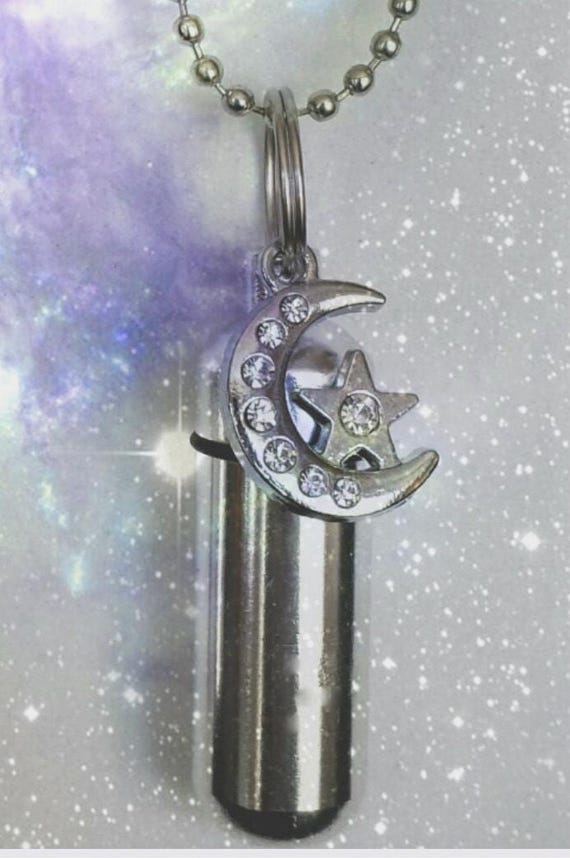 Crescent Moon & Star Cremation Urn Necklace with Velvet Pouch- Silver Keepsake Jewelry